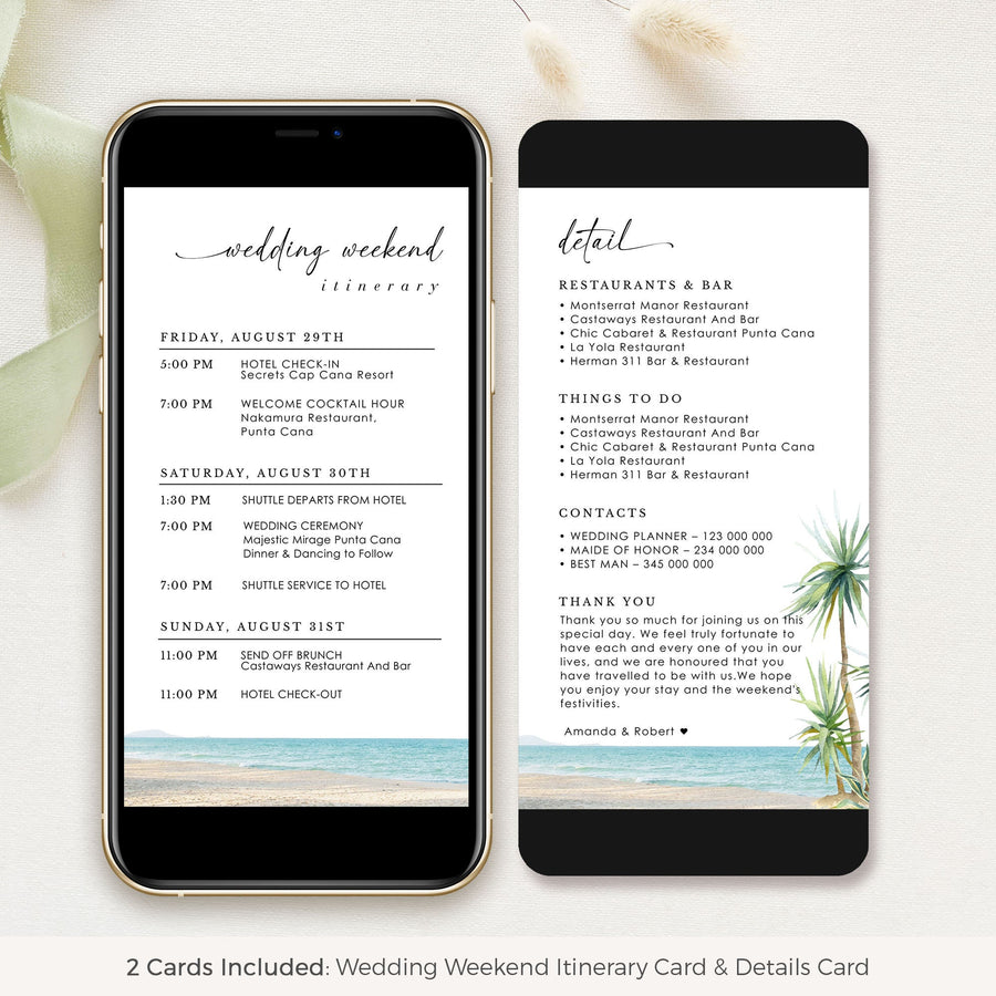 Beach Wedding Itinerary Template Digital Card
