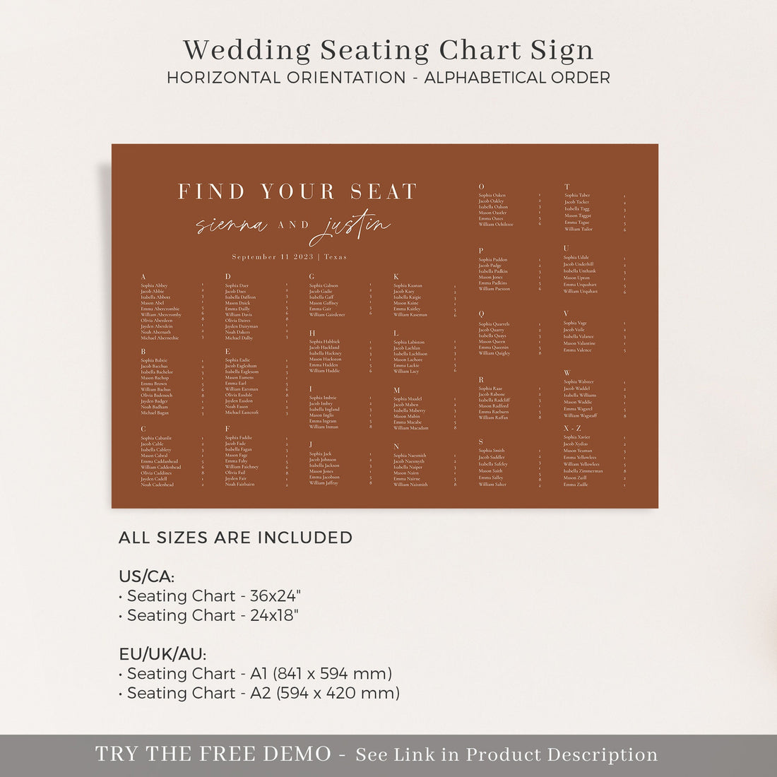 SIENNA Alphabetical Seating Chart Wedding Template