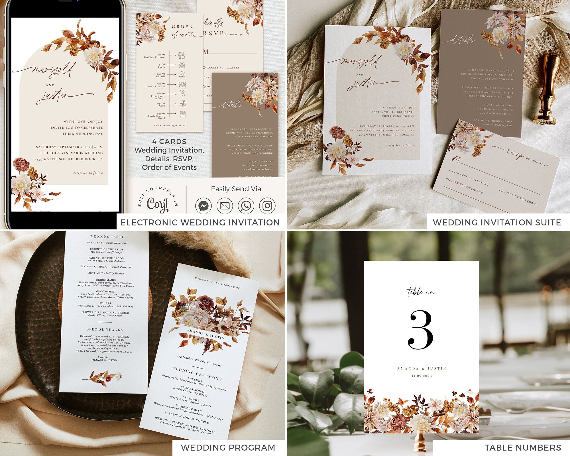 MARIGOLD Boho Fall Wedding Invitation Bundle Template