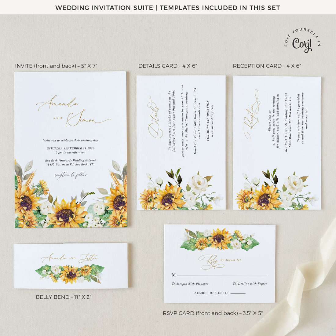 MARISOL Rustic Sunflower Wedding Invitation Suite Template
