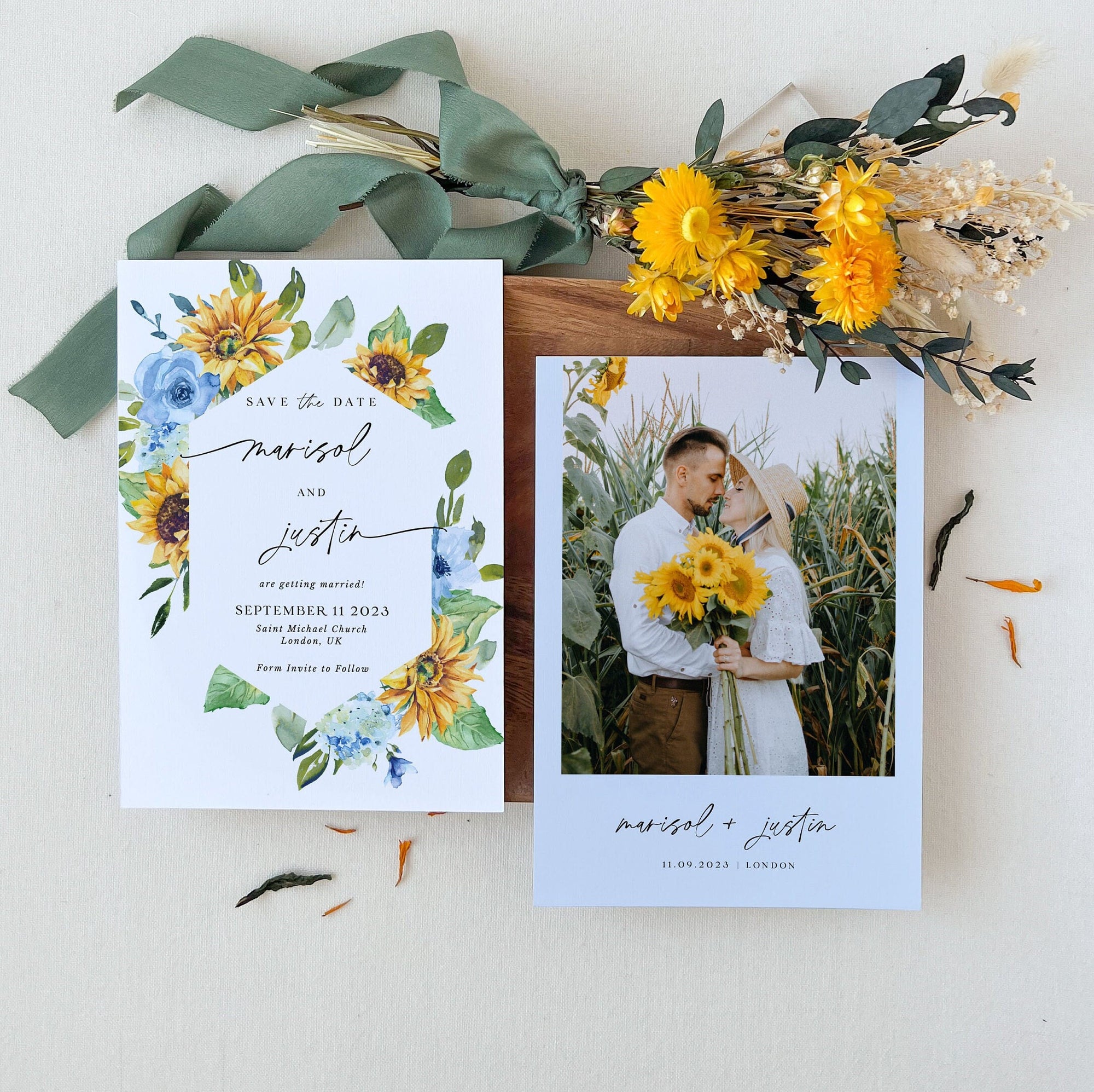 IVY Save the Date Templates Sunflower and Dusty Blue Roses