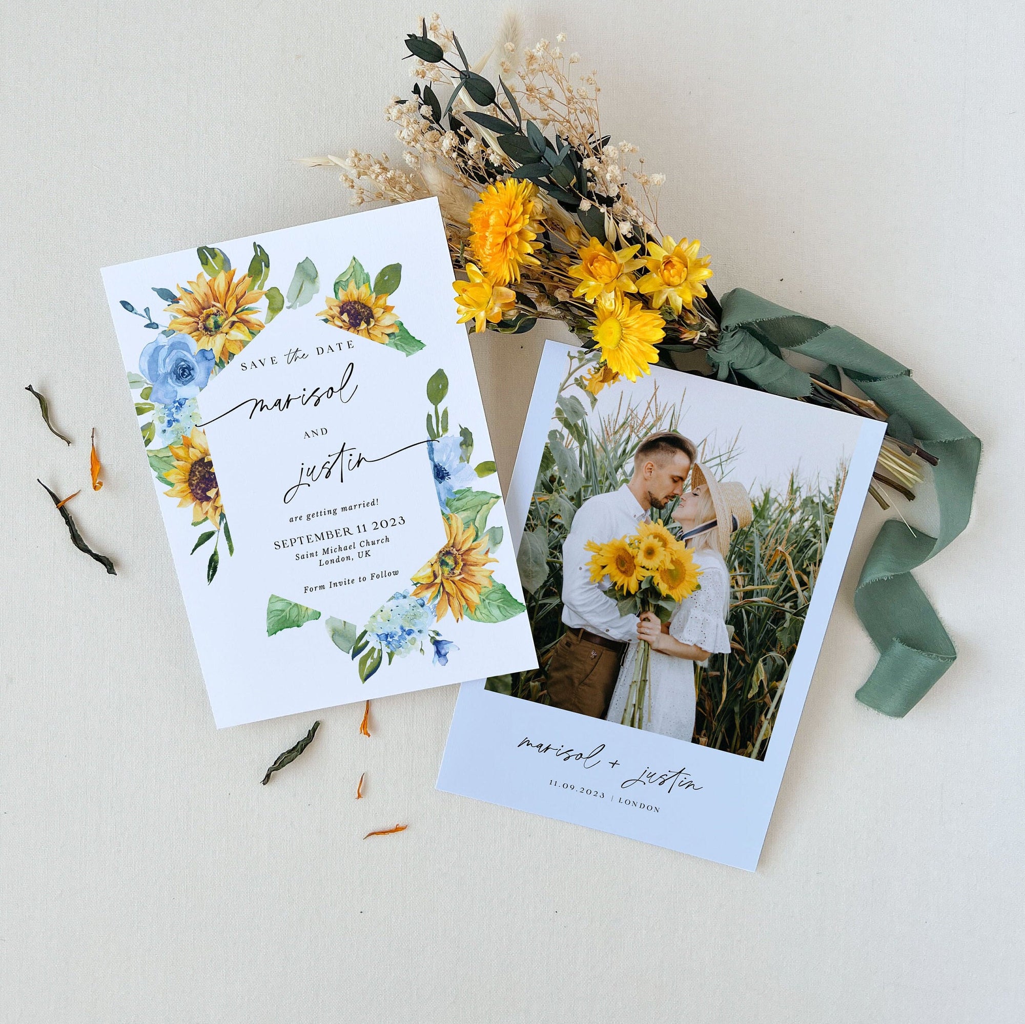 IVY Save the Date Templates Sunflower and Dusty Blue Roses