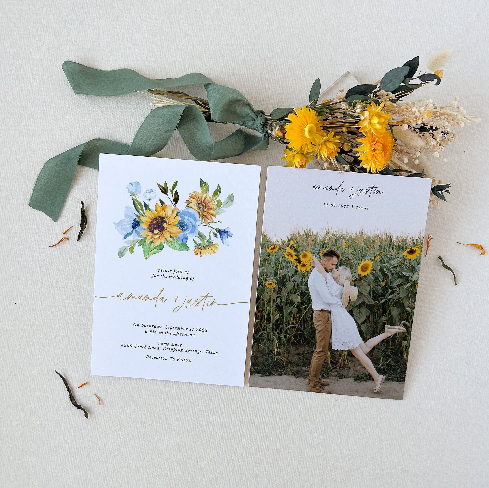 IVY Dusty Blue and Sunflower Wedding Invite Template