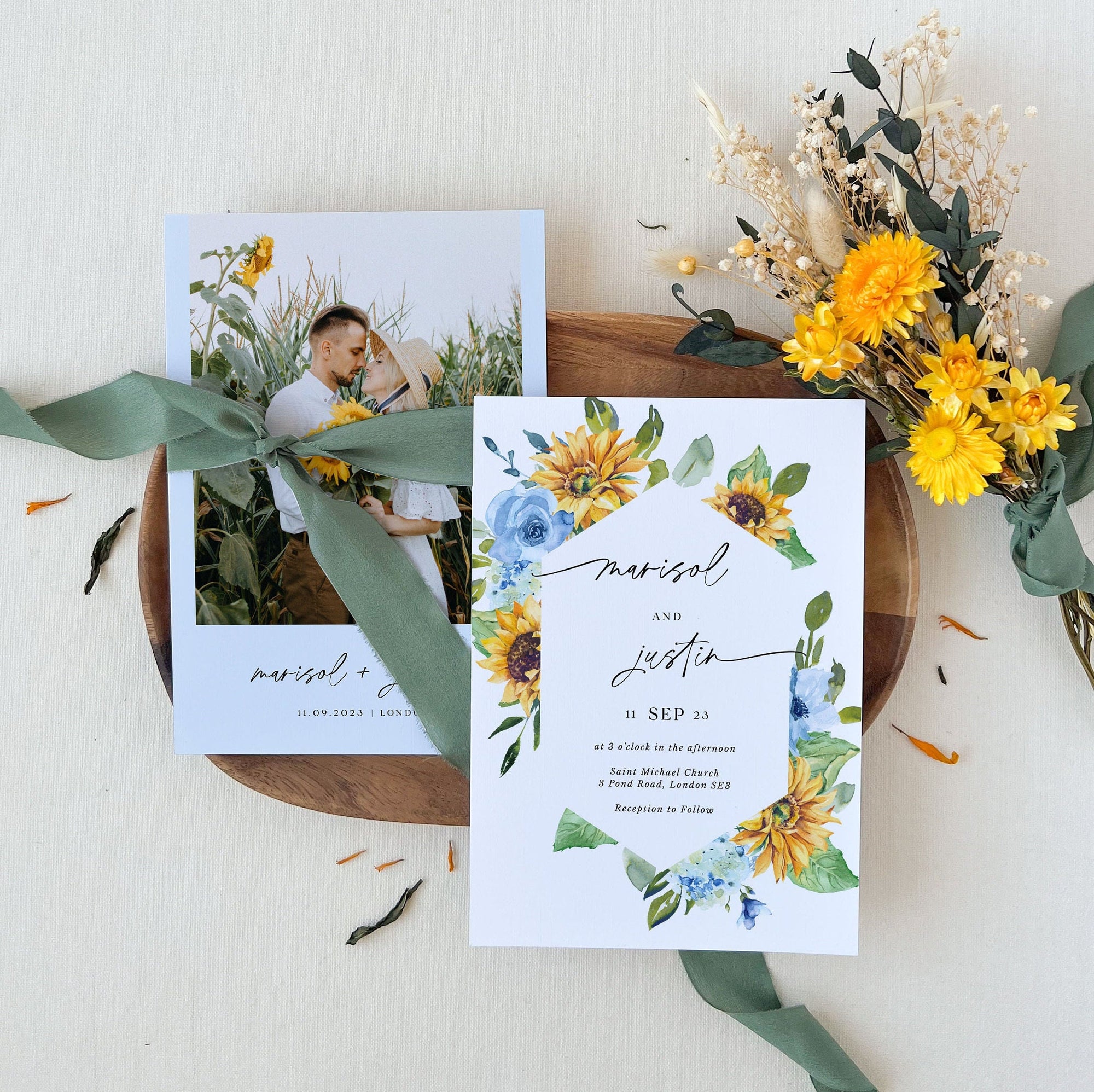 IVY Wedding Invitation Template Sunflowers and Dusty Blue Roses