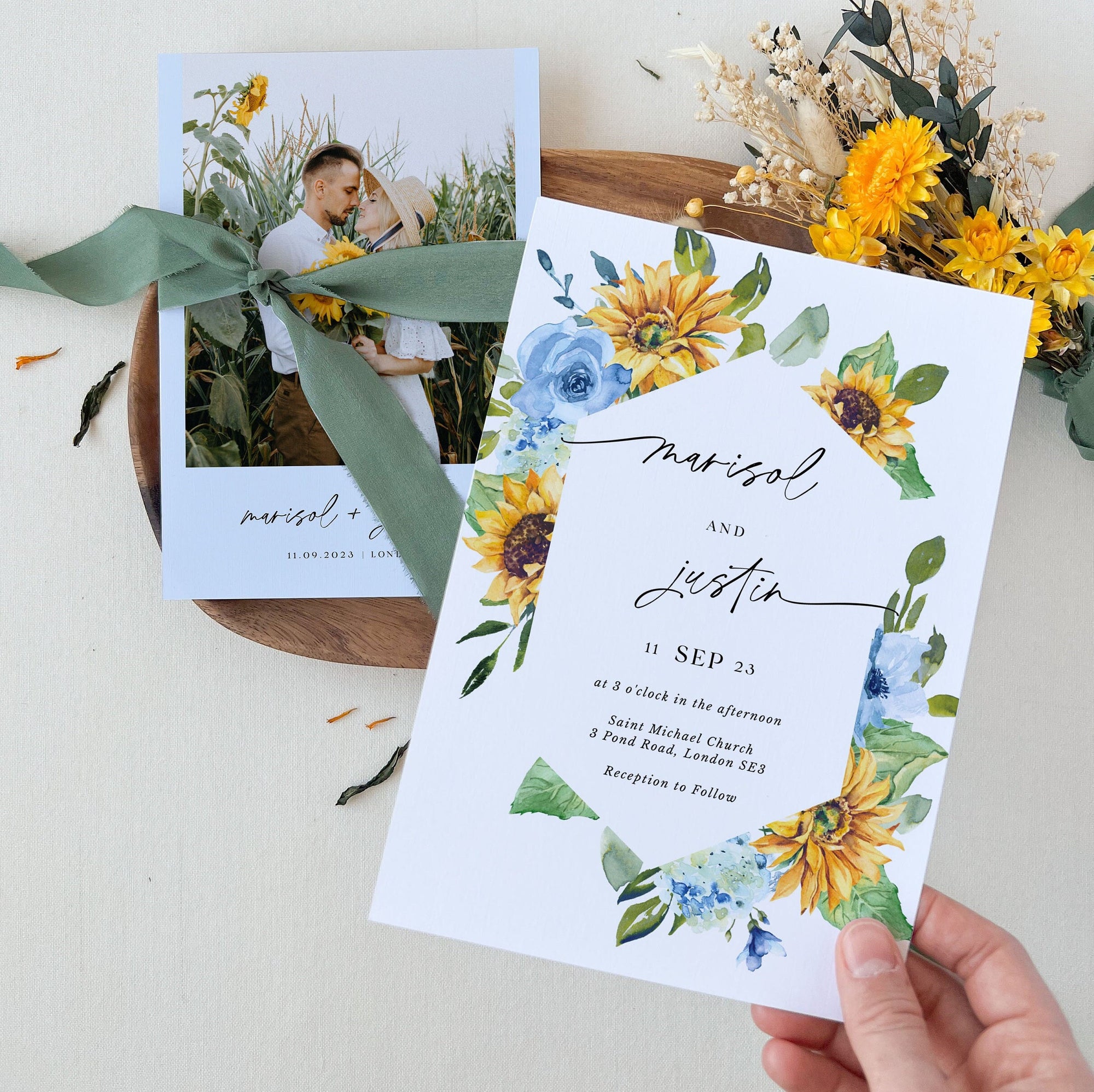 IVY Wedding Invitation Template Sunflowers and Dusty Blue Roses