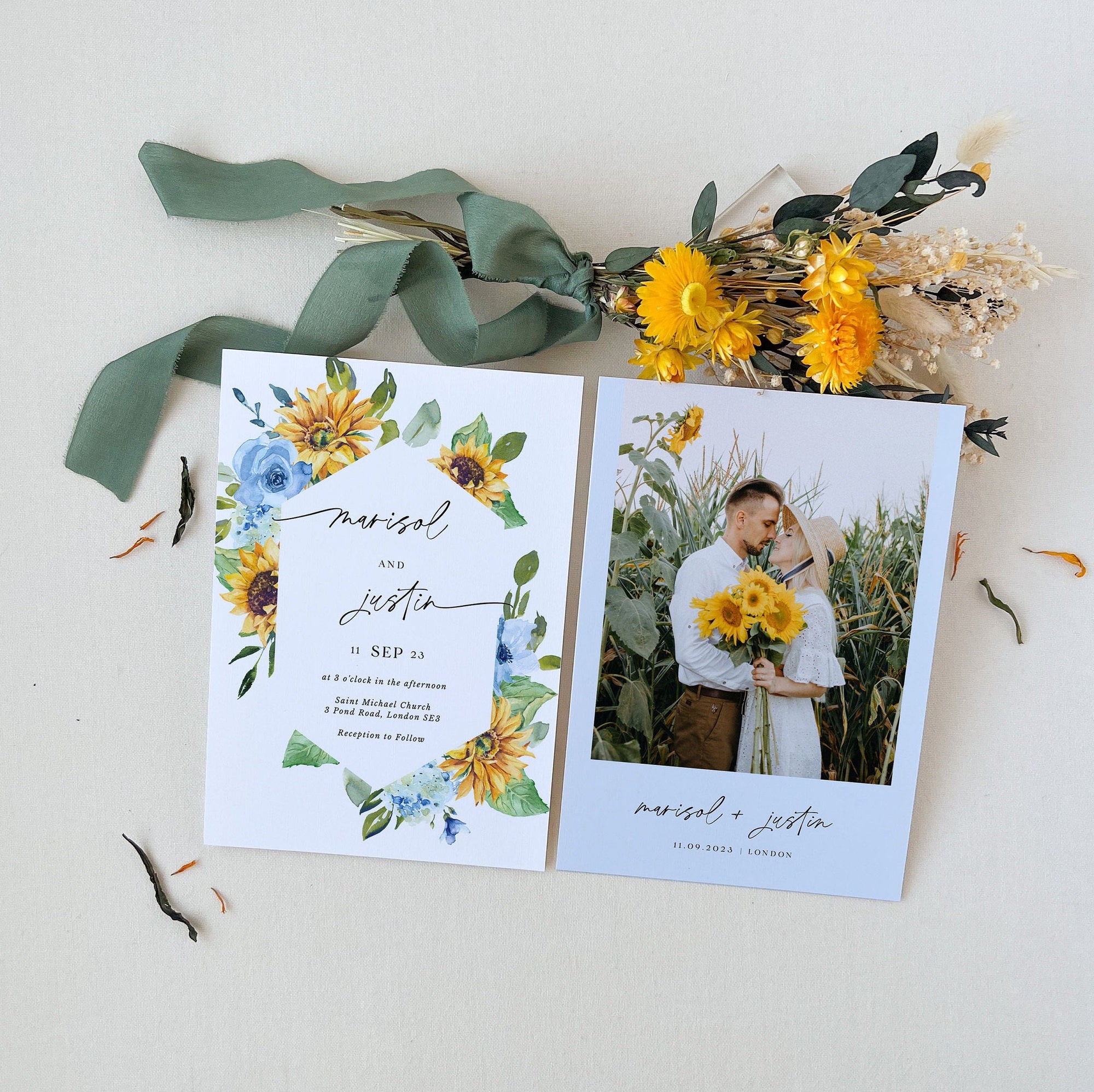IVY Wedding Invitation Template Sunflowers and Dusty Blue Roses