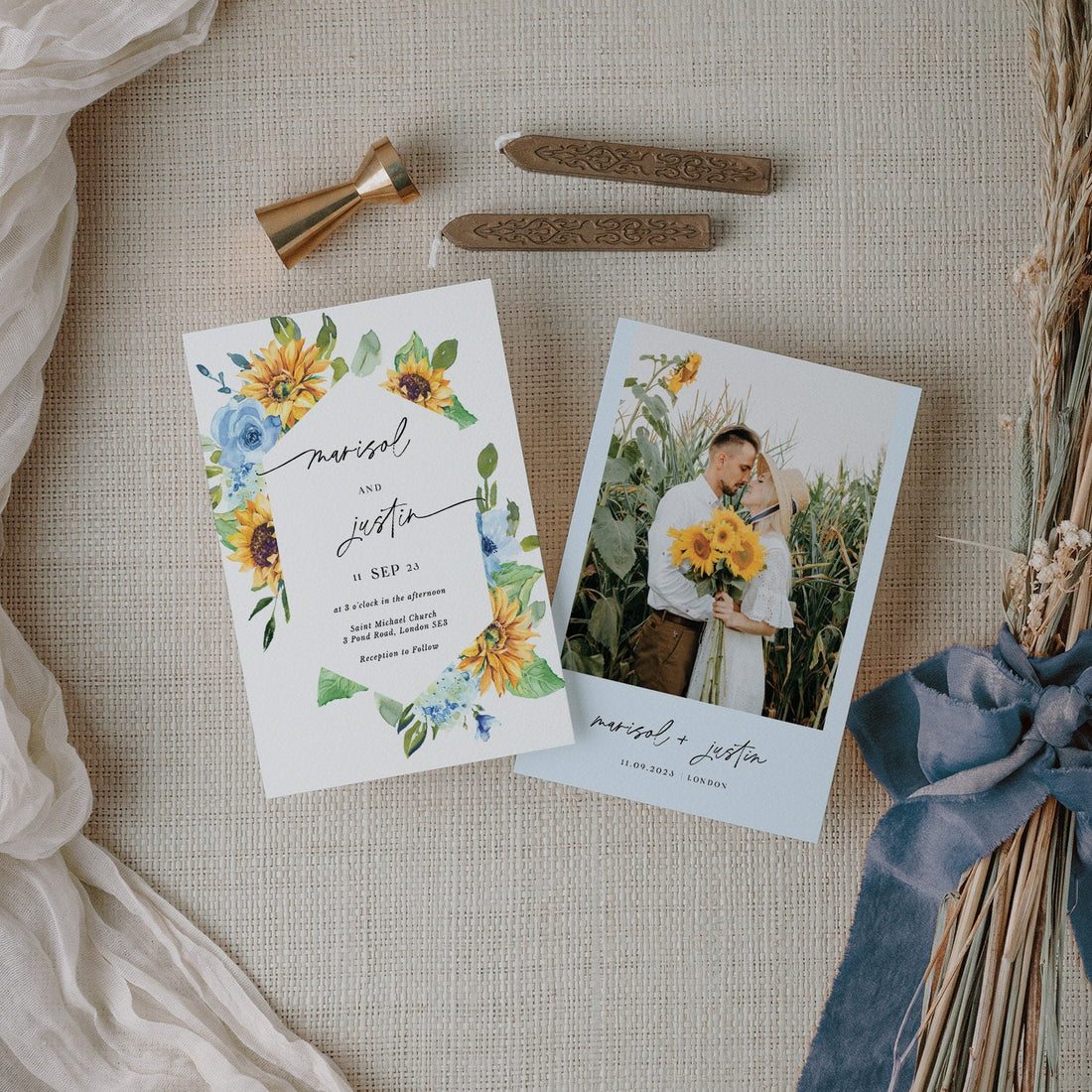 IVY Wedding Invitation Template Sunflowers and Dusty Blue Roses