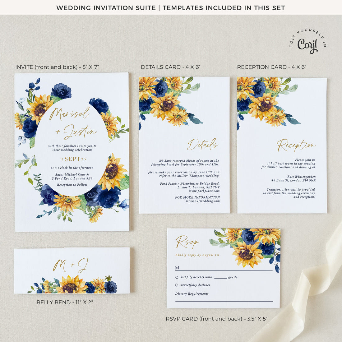 IVY Navy Blue Yellow Wedding Invitations Suite Template