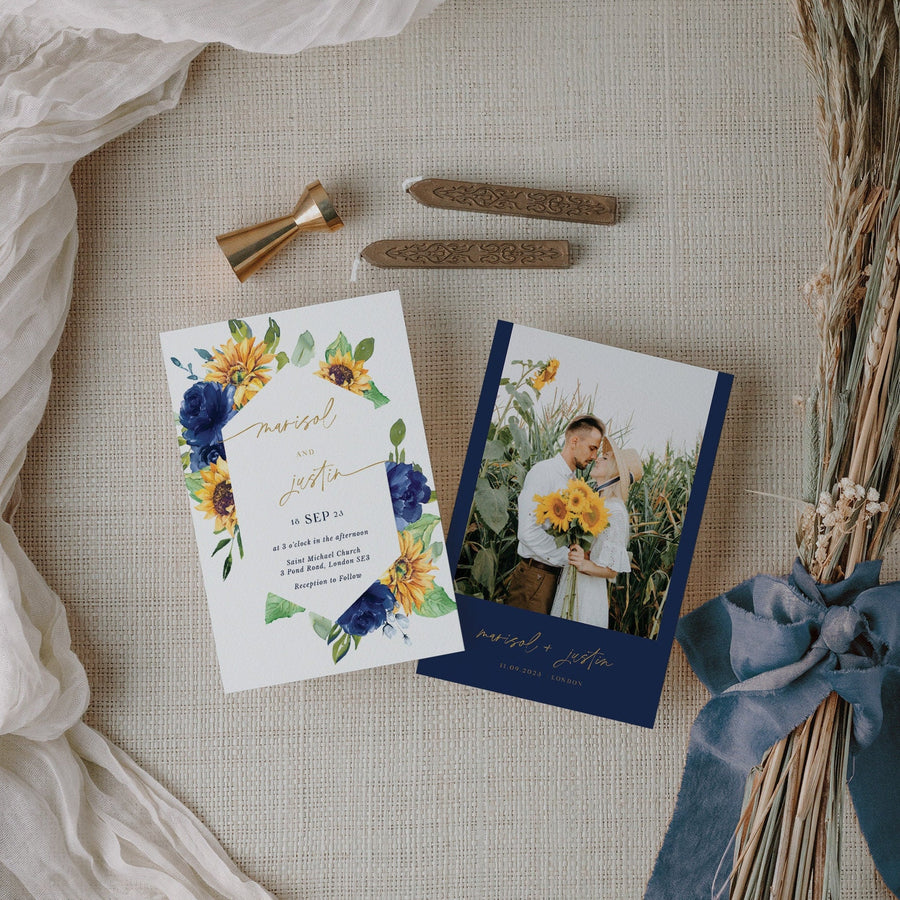 IVY Diy Wedding Invitations Set with Sunflowers and Blue Roses