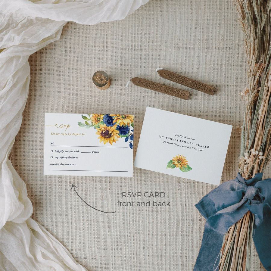 IVY Diy Wedding Invitations Set with Sunflowers and Blue Roses