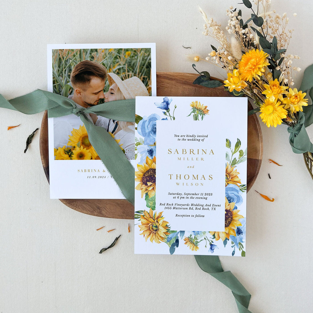 IVY Dusty Blue and Yellow Wedding Invites Set Template