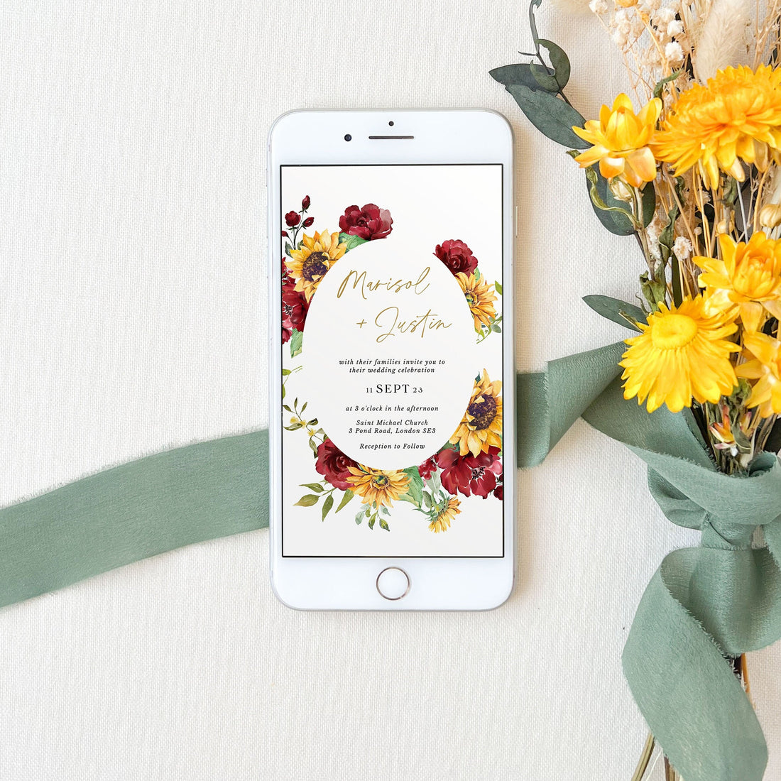 RUBY Digital Wedding Invitations Red Roses and Sunflowers