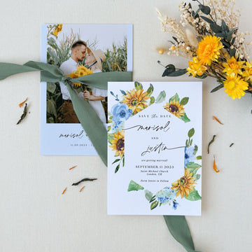 IVY Save the Date Templates Sunflower and Dusty Blue Roses