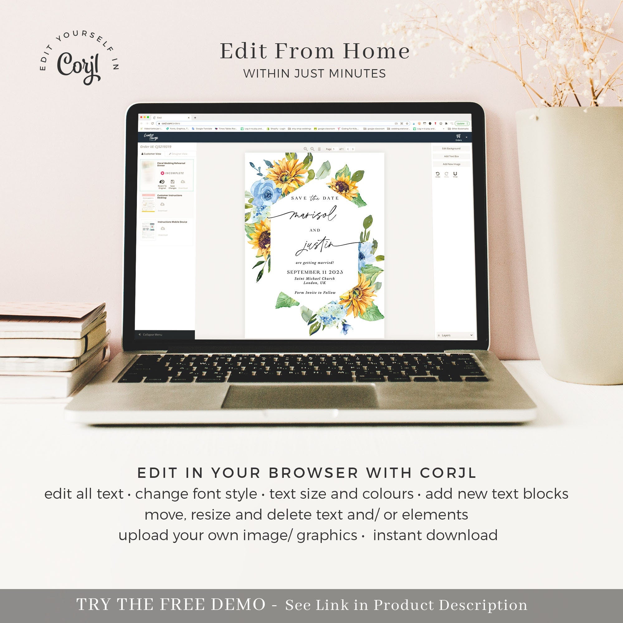 IVY Save the Date Templates Sunflower and Dusty Blue Roses