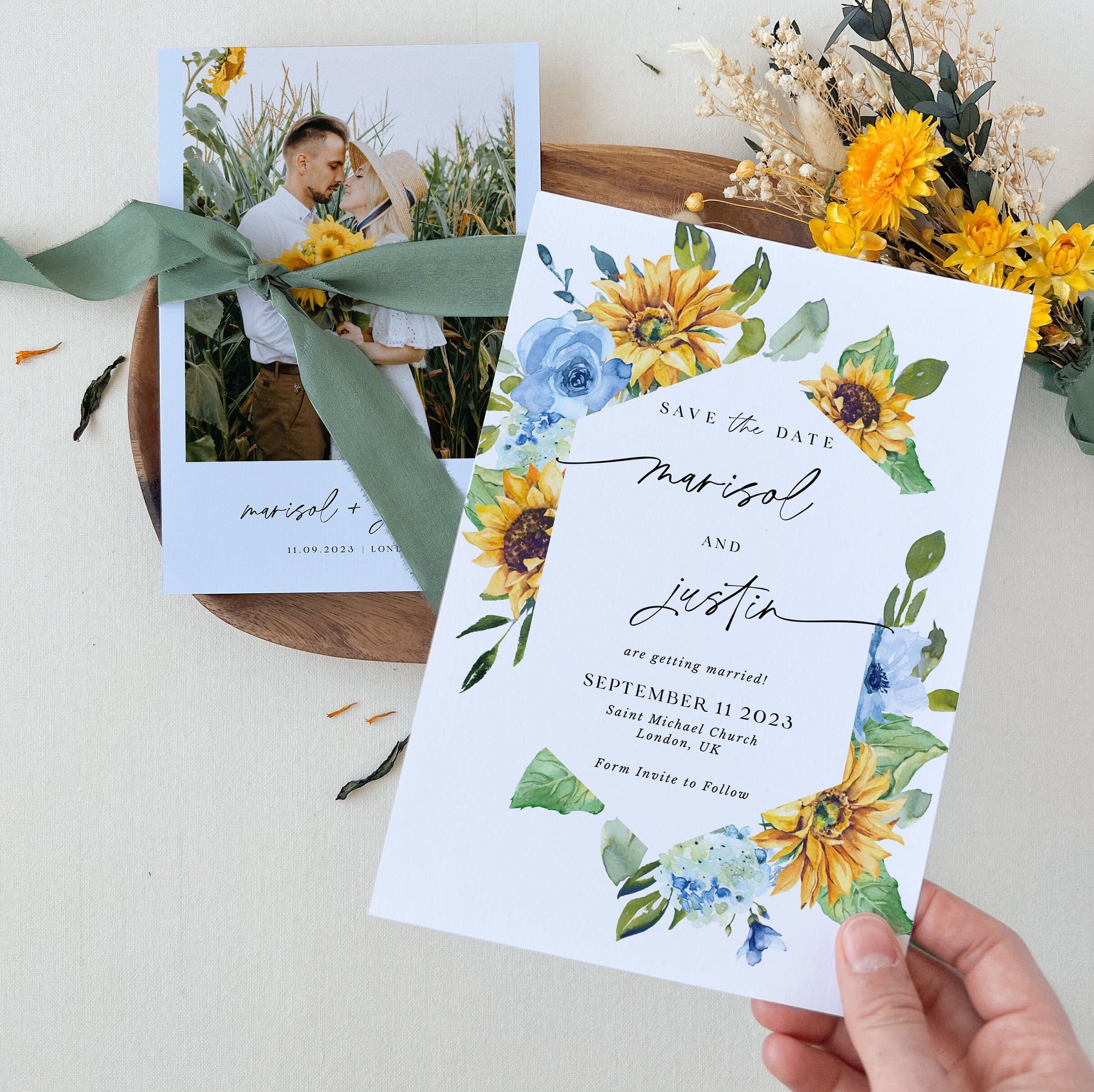IVY Save the Date Templates Sunflower and Dusty Blue Roses
