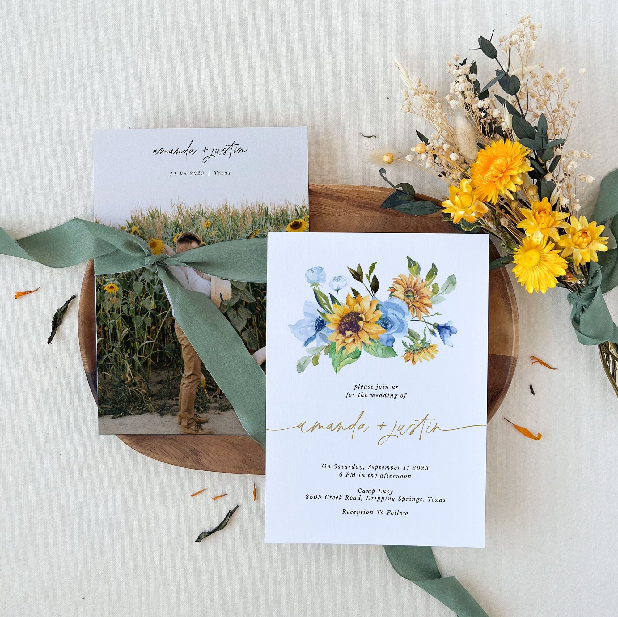 IVY Dusty Blue and Sunflower Wedding Invite Template