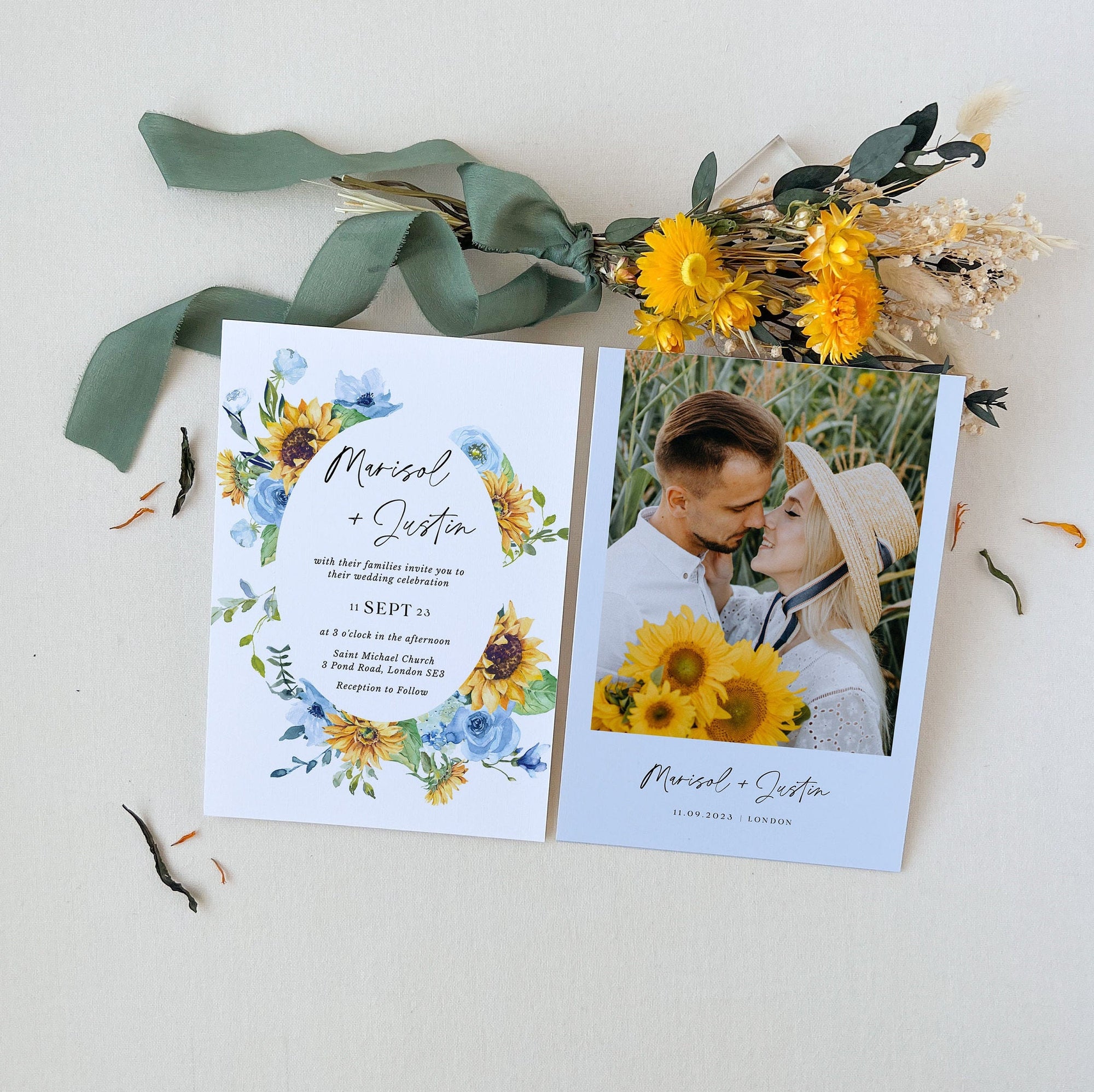IVY Floral Wedding Invitation Card Template with Sunflowers
