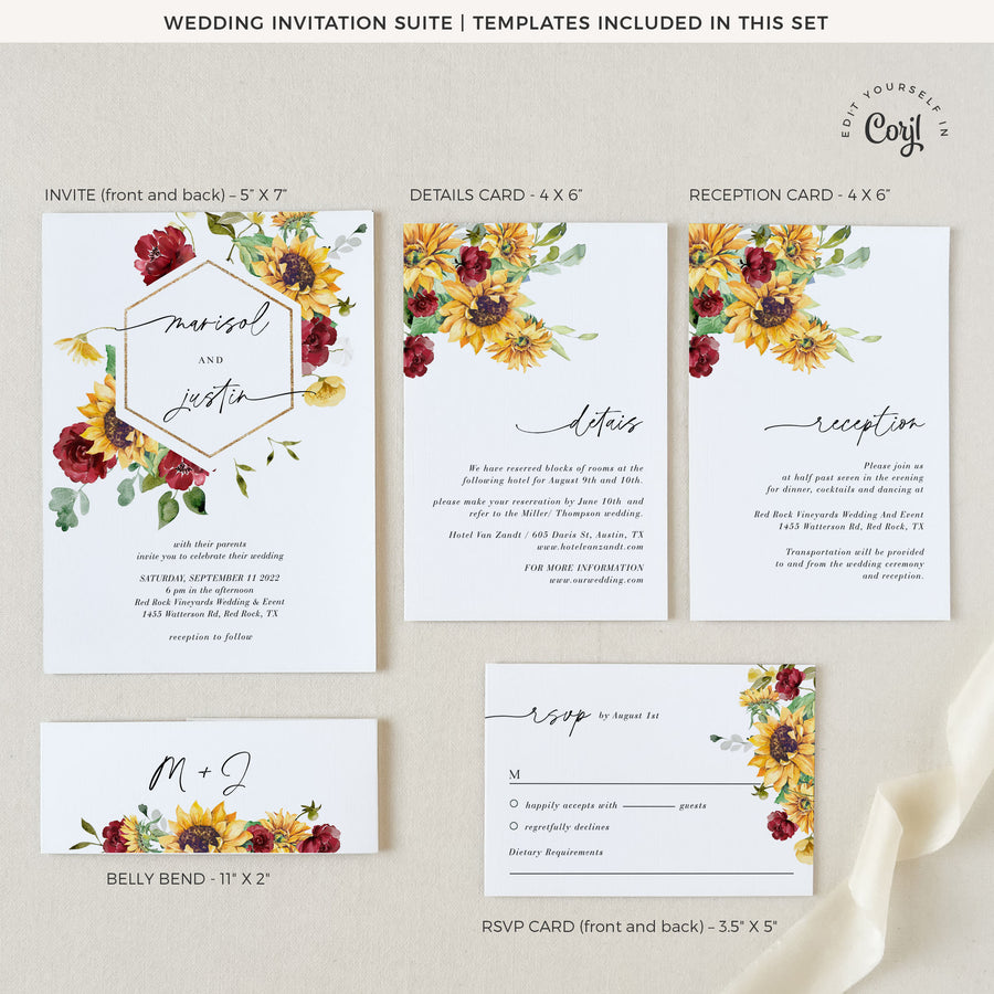 RUBY Sunflower Wedding Invitation Template Suite
