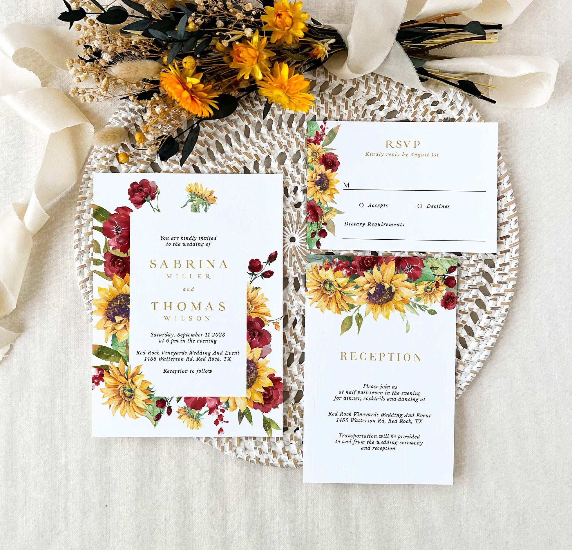 RUBY Rustic Sunflowers Wedding Invitation Set with Rsvp