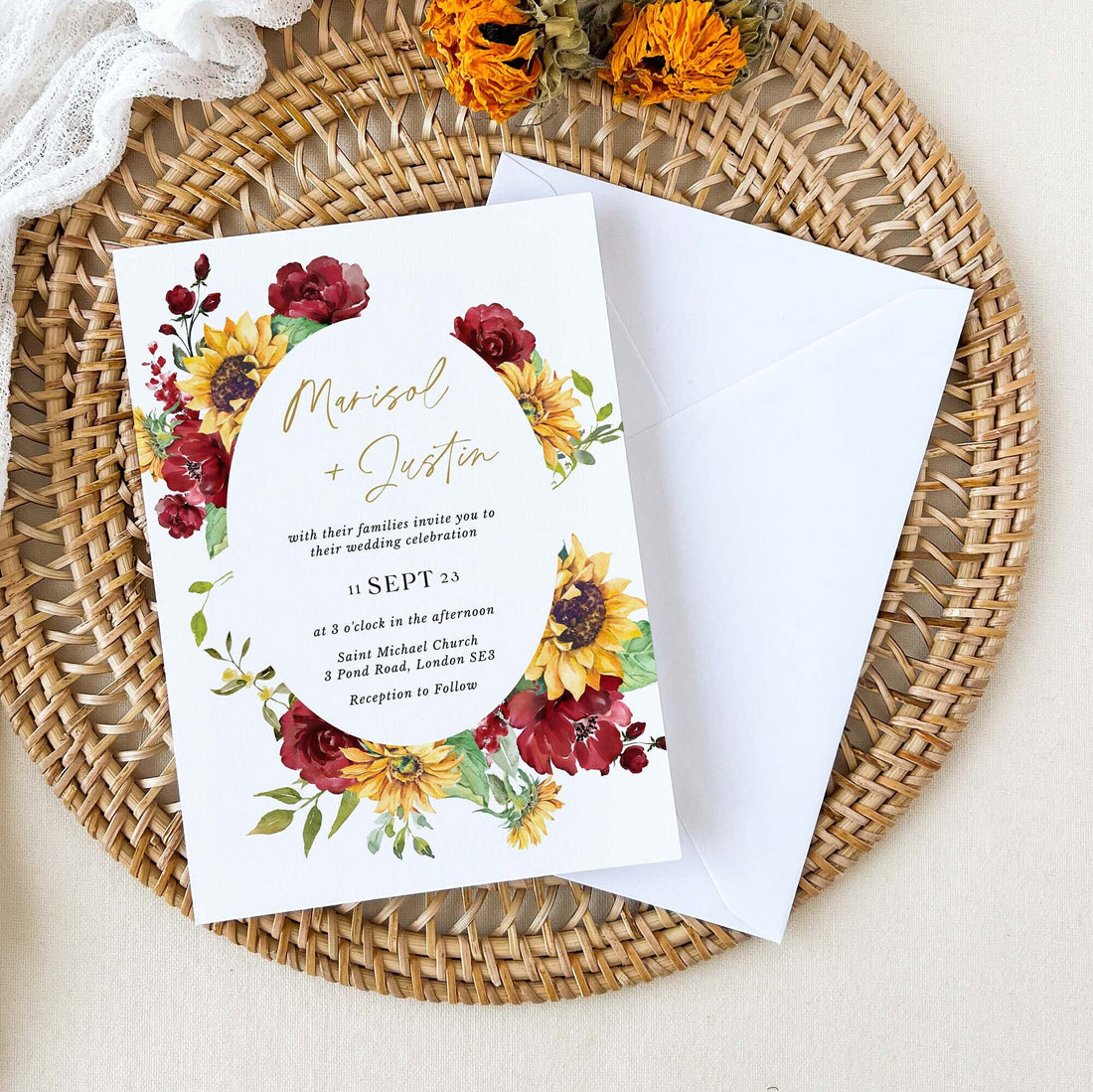 RUBY Red Roses and Sunflower Wedding Invitation Card Template