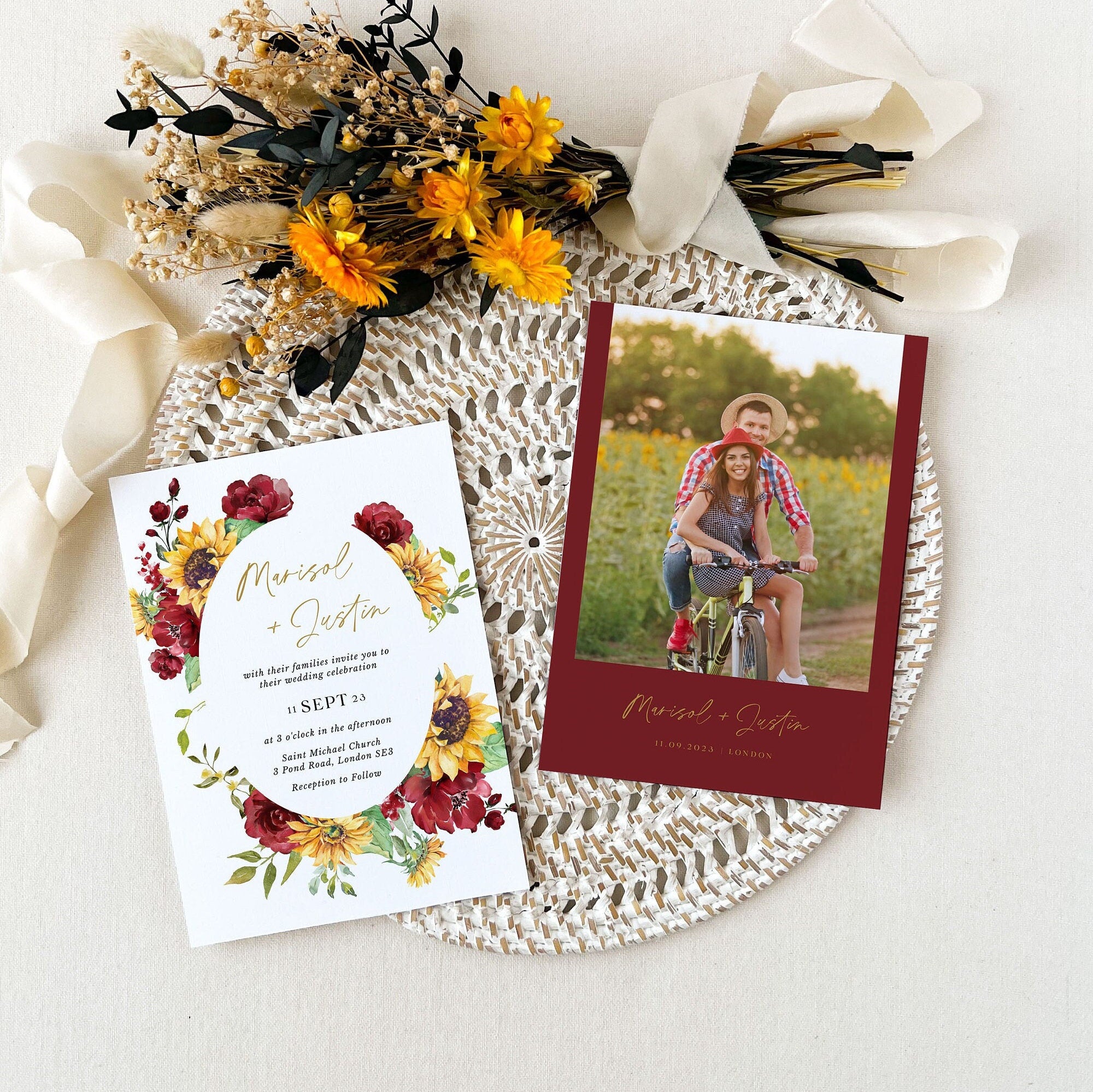 RUBY Red Roses and Sunflower Wedding Invitation Card Template