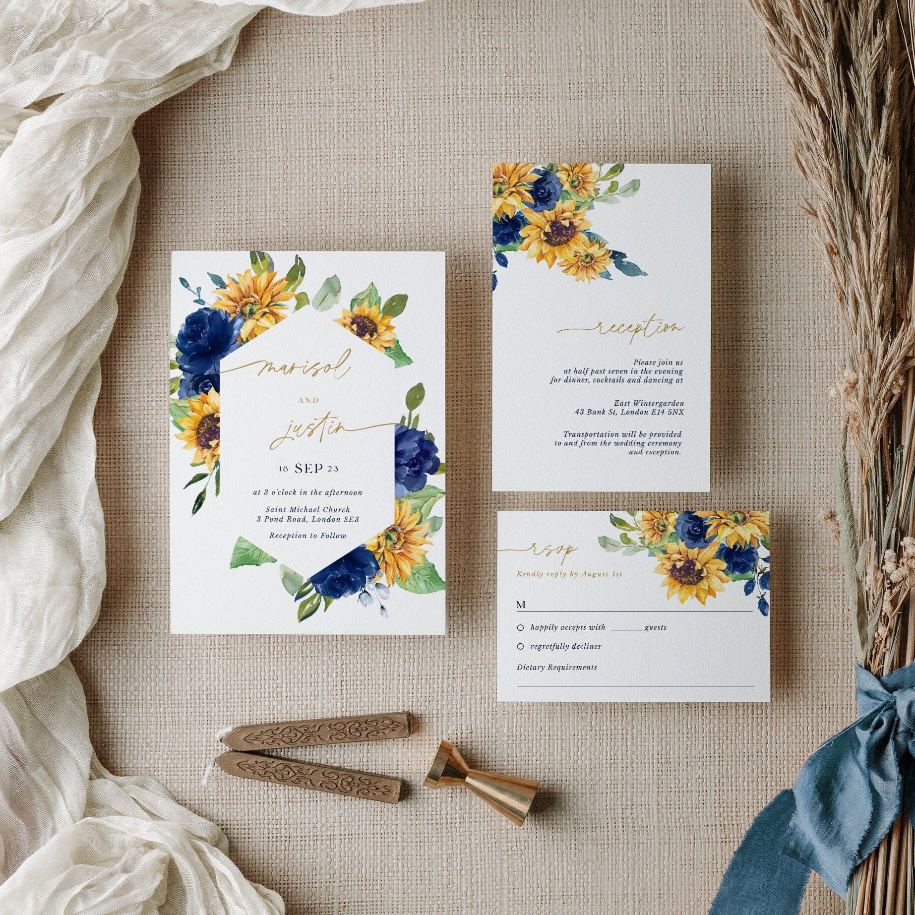 IVY Diy Wedding Invitations Set with Sunflowers and Blue Roses