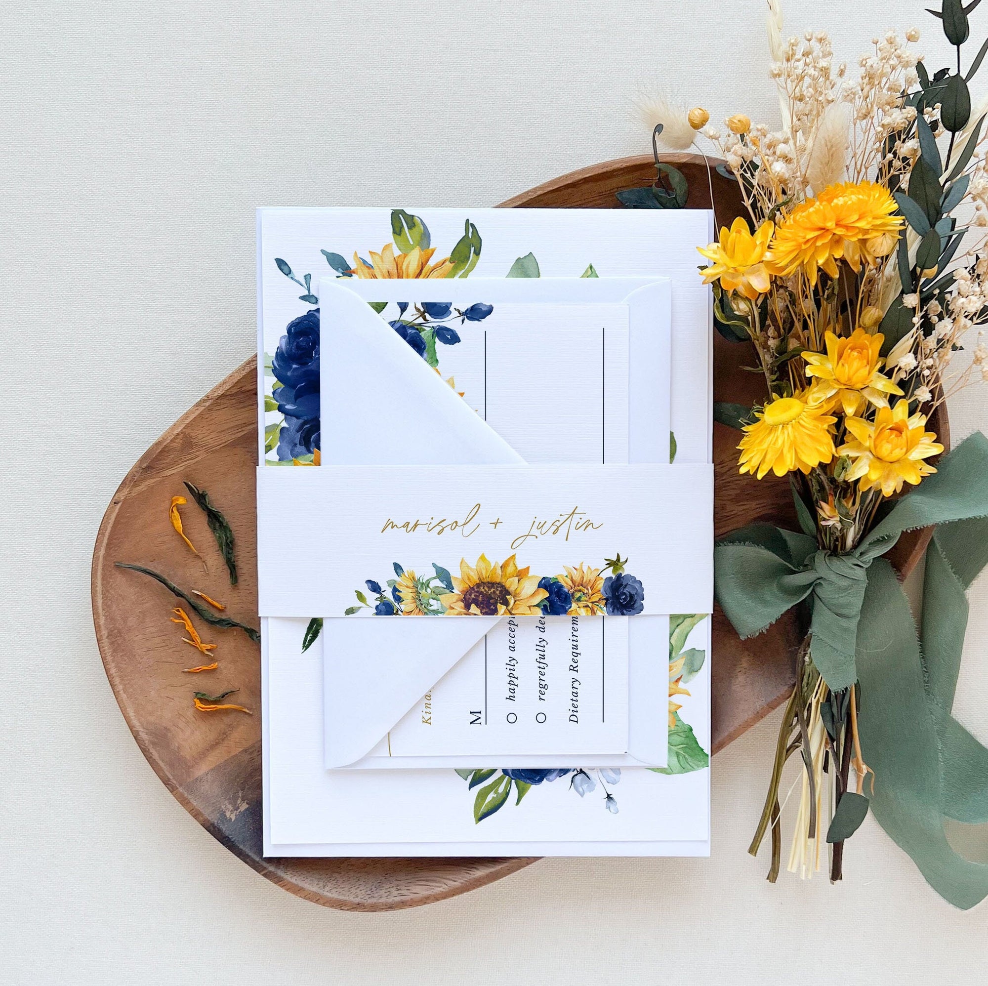 IVY Diy Wedding Invitations Set with Sunflowers and Blue Roses