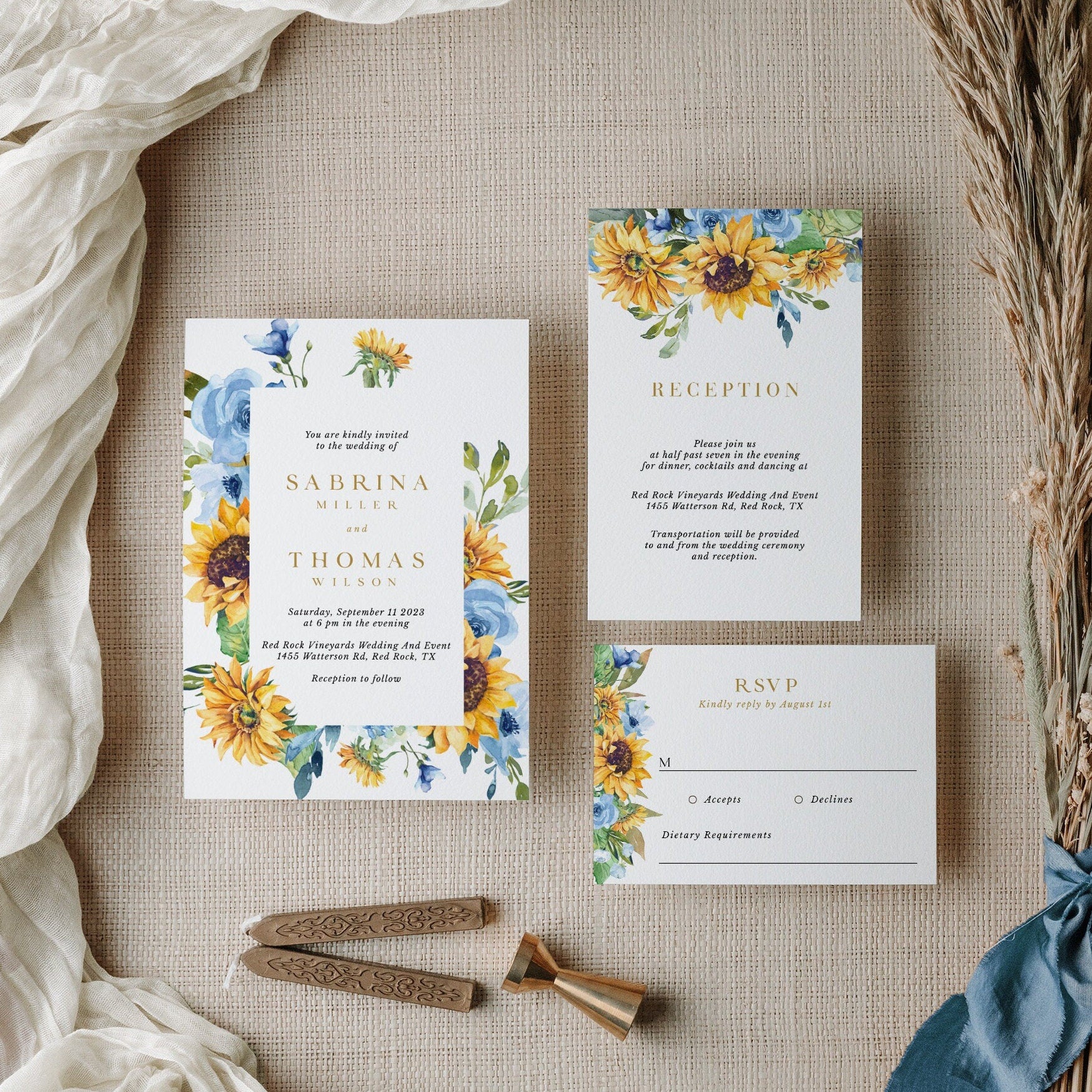 IVY Dusty Blue and Yellow Wedding Invites Set Template