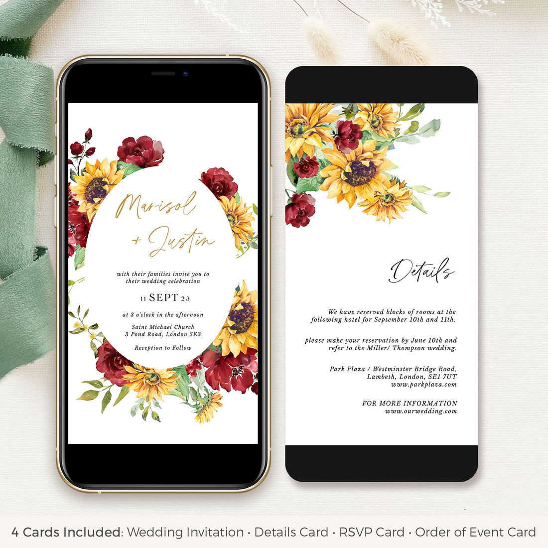 RUBY Digital Wedding Invitations Red Roses and Sunflowers