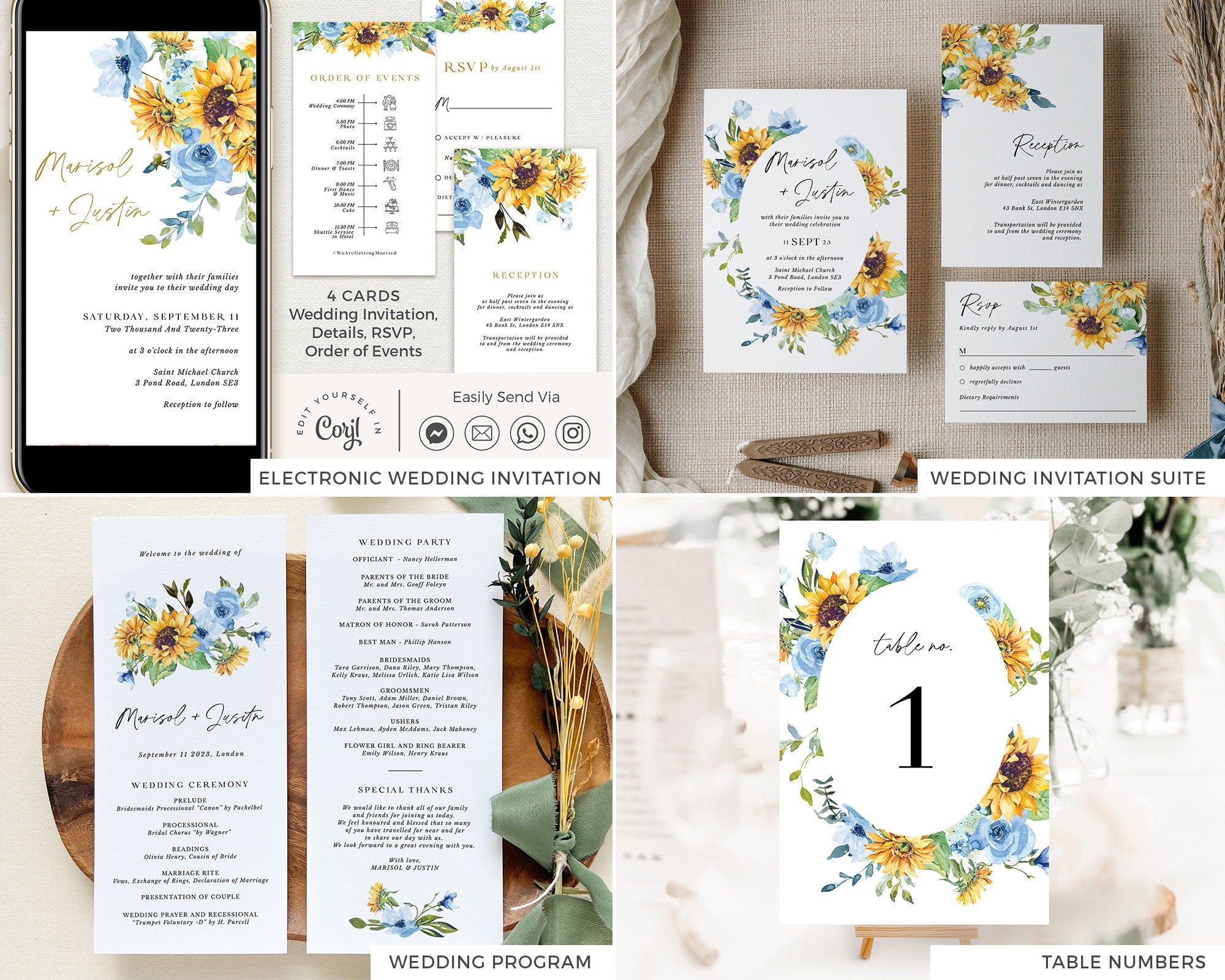 IVY Sunflower and Rose Wedding Stationery Template Bundle