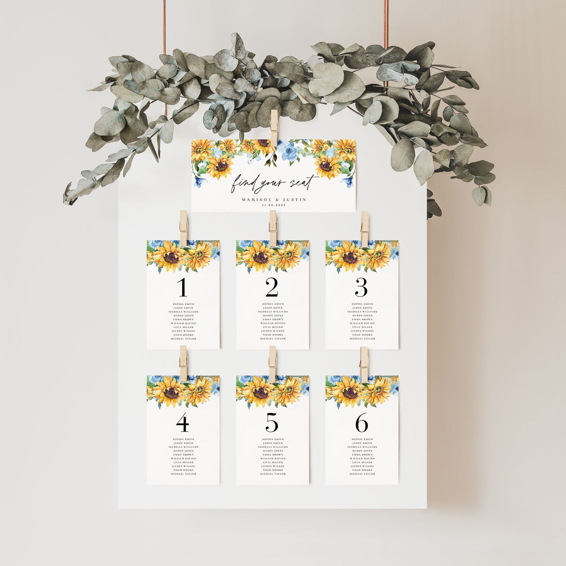 IVY Sunflower Wedding Table Seating Cards Template