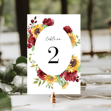 RUBY Rustic Sunflower Table Numbers Wedding Template