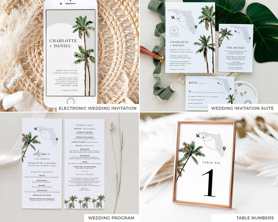KONA Tropical Palm Tree Wedding Stationery Template Bundle