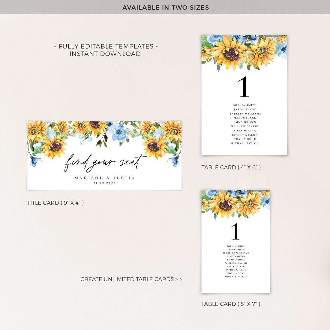 IVY Sunflower Wedding Table Seating Cards Template