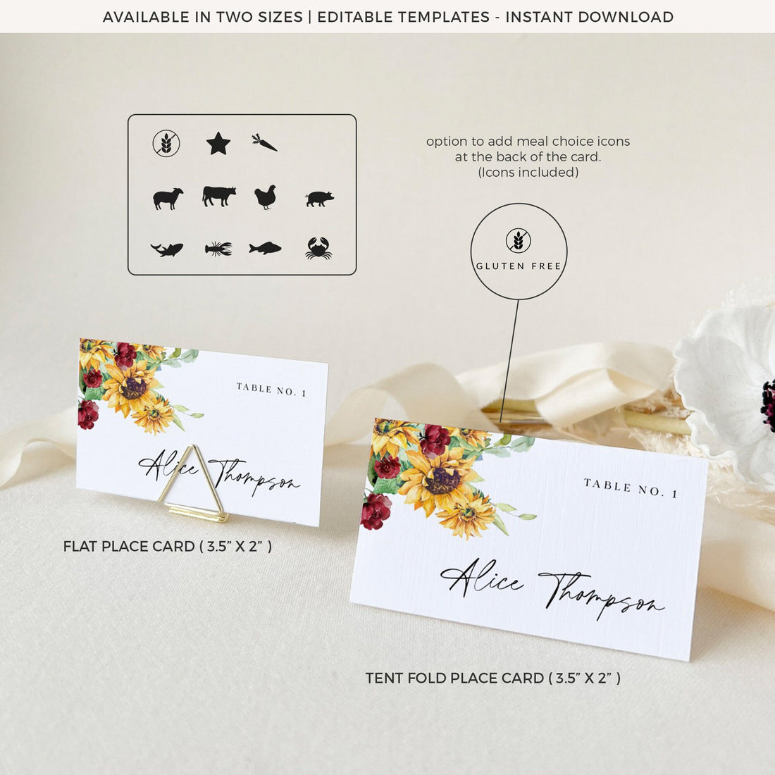 RUBY Printable Wedding Name Place Cards Sunflower