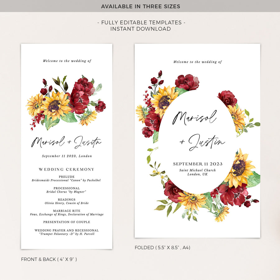 RUBY Sunflower Wedding Program Template Order of Service