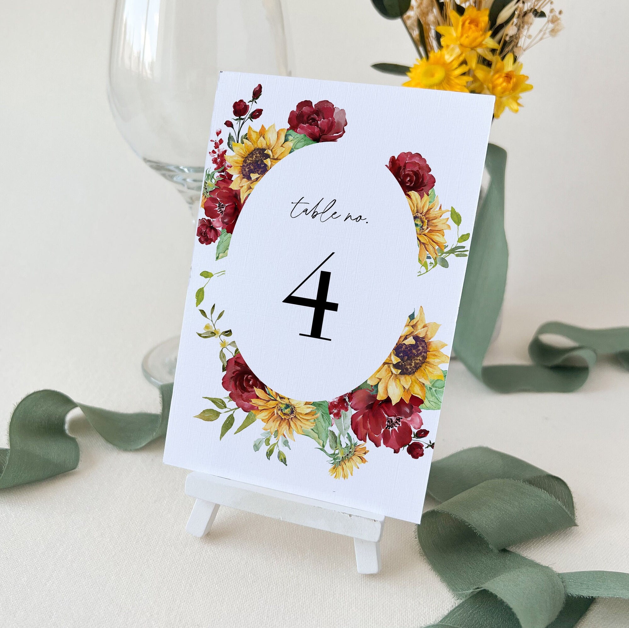 RUBY Rustic Sunflower Table Numbers Wedding Template