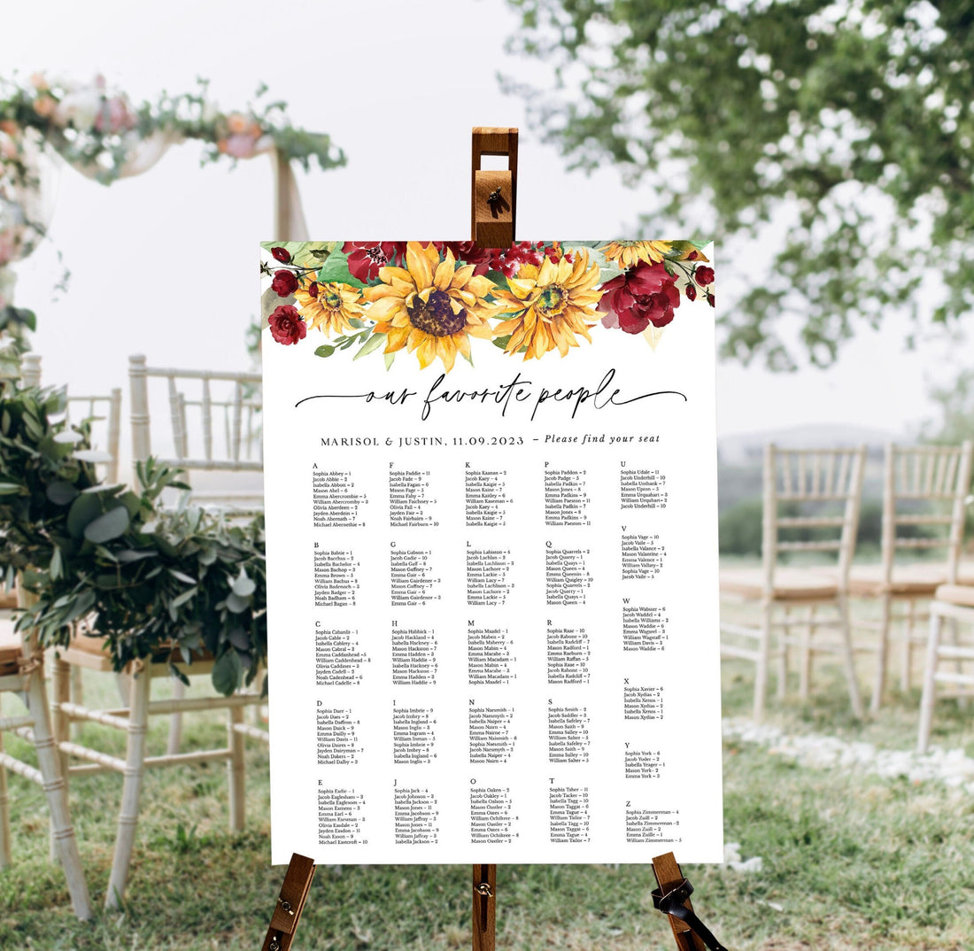 RUBY Printable Alphabetical Seating Chart Wedding Rustic