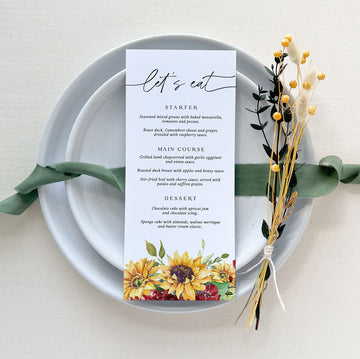 RUBY DIY Wedding Menu Cards with Sunflower Rustic