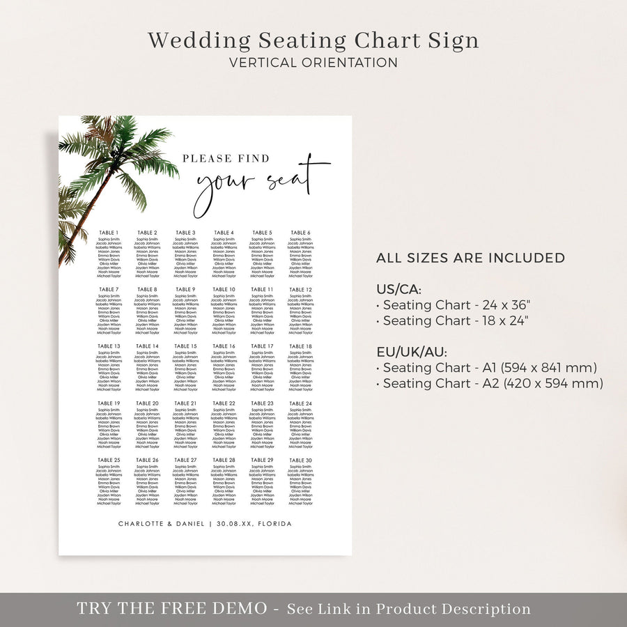 KONA Palm Tree Seating Chart Wedding Template