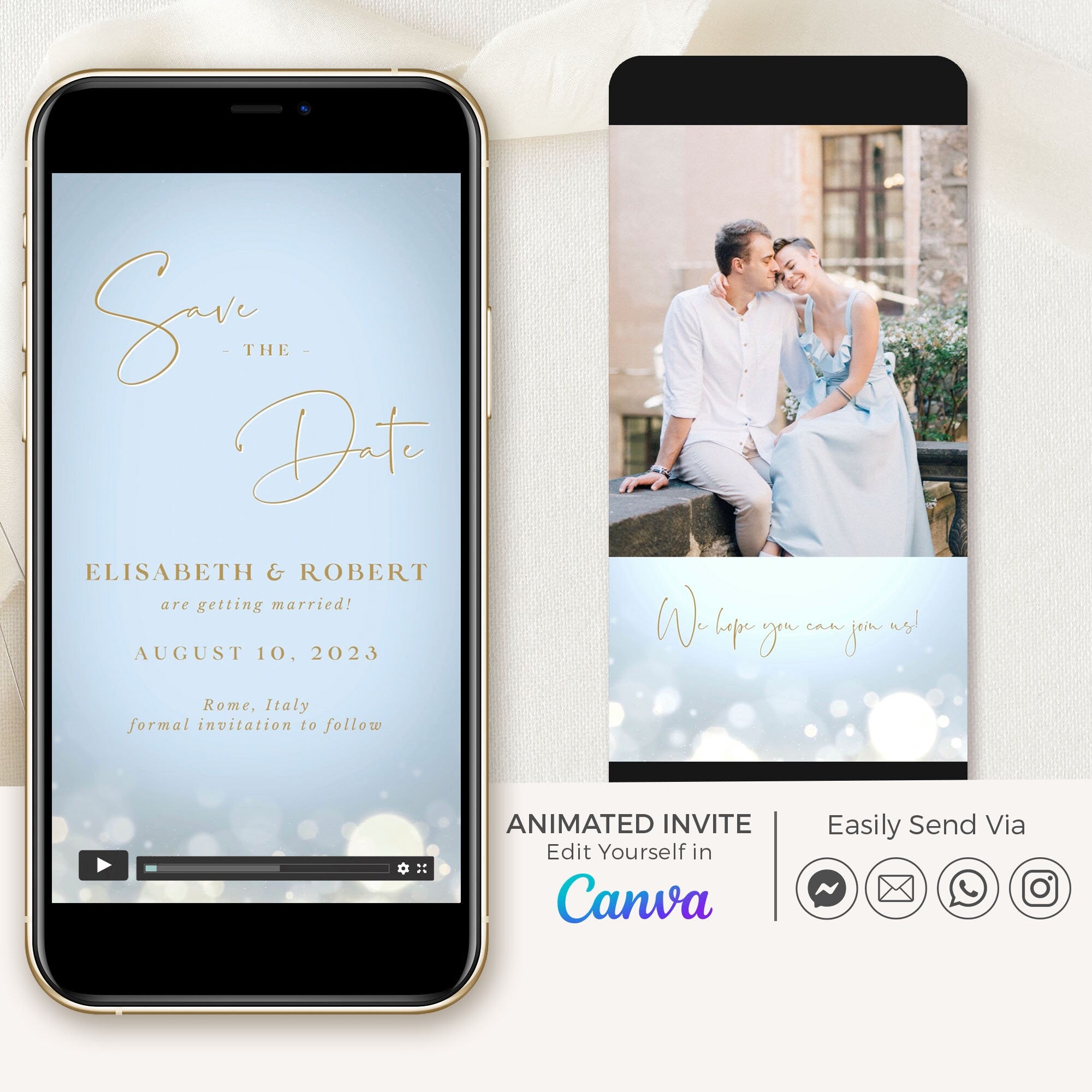 ANITA Save the Date Wedding Video Template in Dusty Blue and Gold