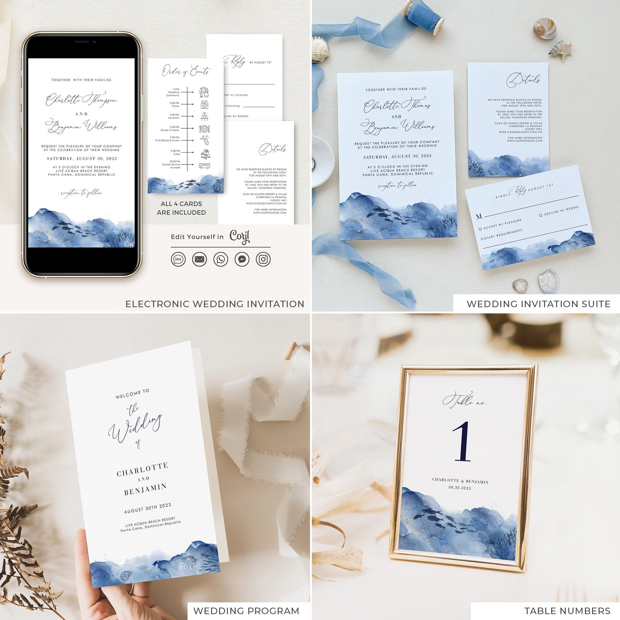 YLENIA Ocean Wedding Invitation Bundle Template