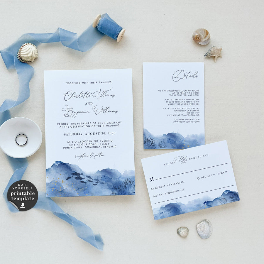 YLENIA Ocean Wedding Invitation Set Template With RSVP
