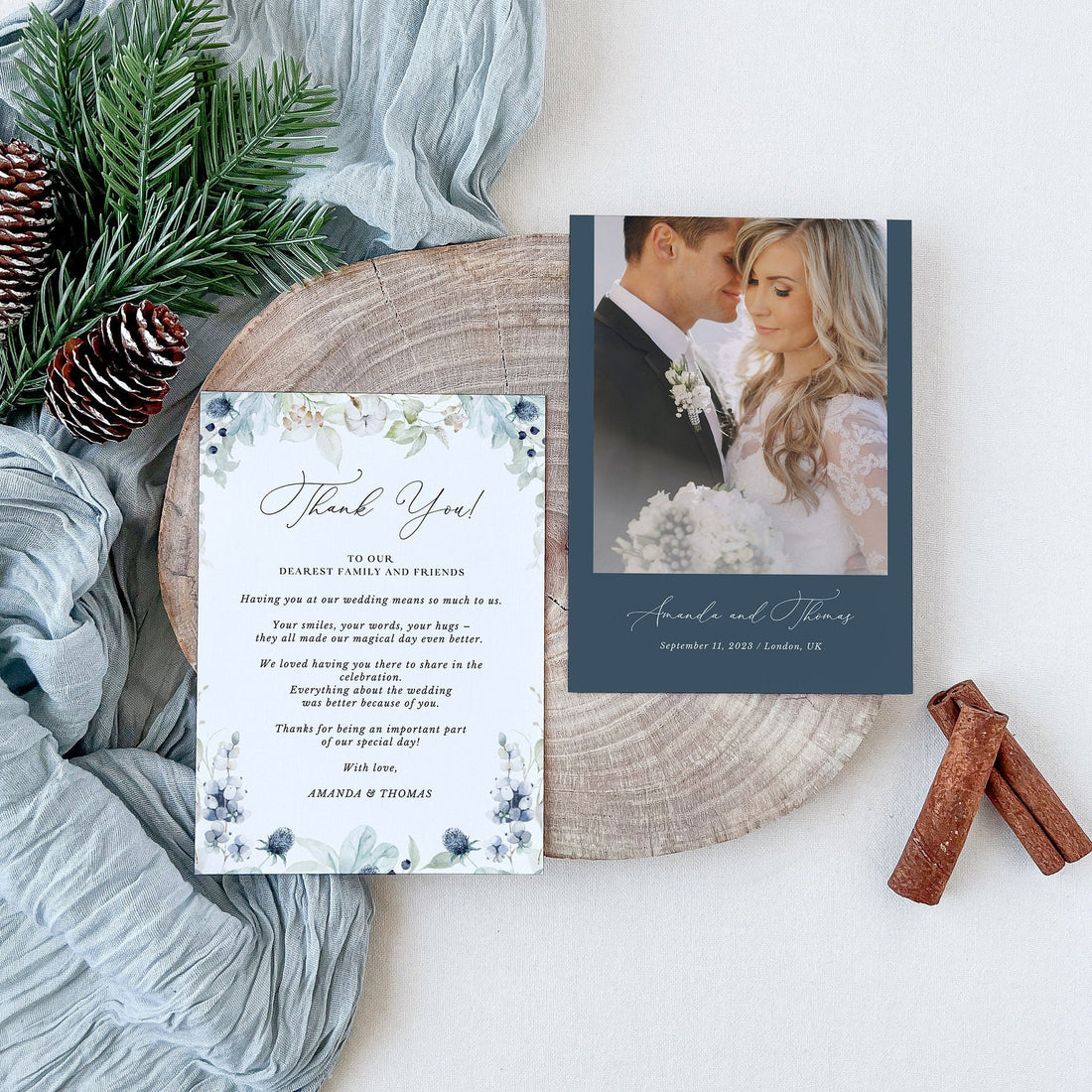 BIANCA Winter Wedding Thank You Card Template with Photo