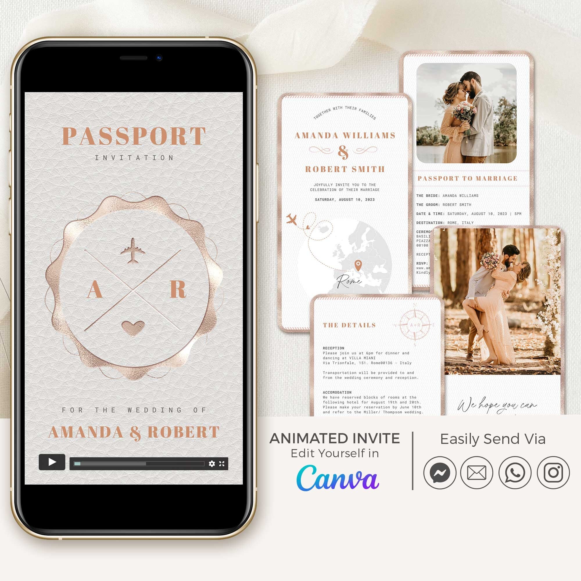 Rose Gold Passport Wedding Invitation Video Template