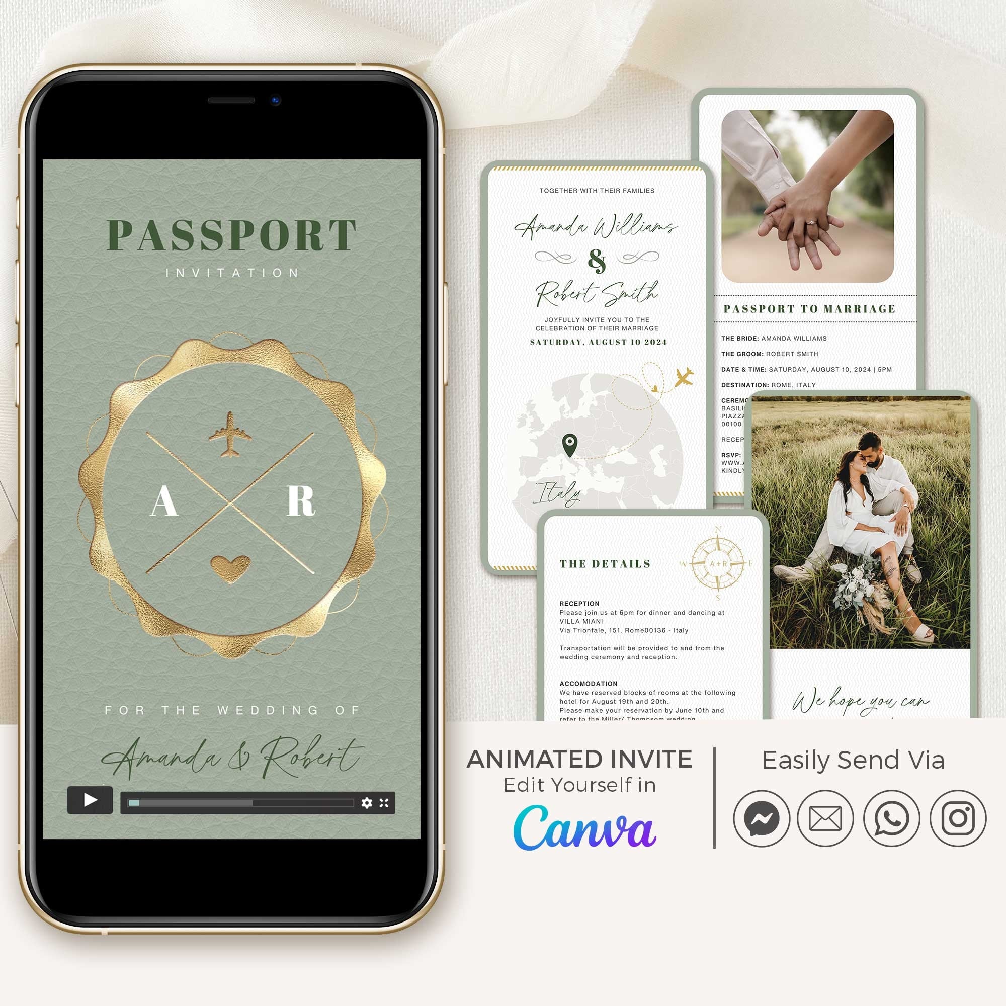 Sage Green Passport Invitation for Wedding Animated