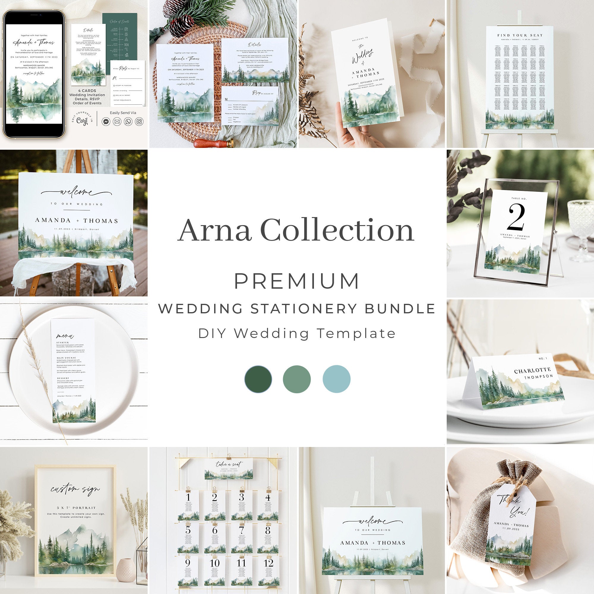 ARNA Mountain Wedding Printable Stationery Bundle Template