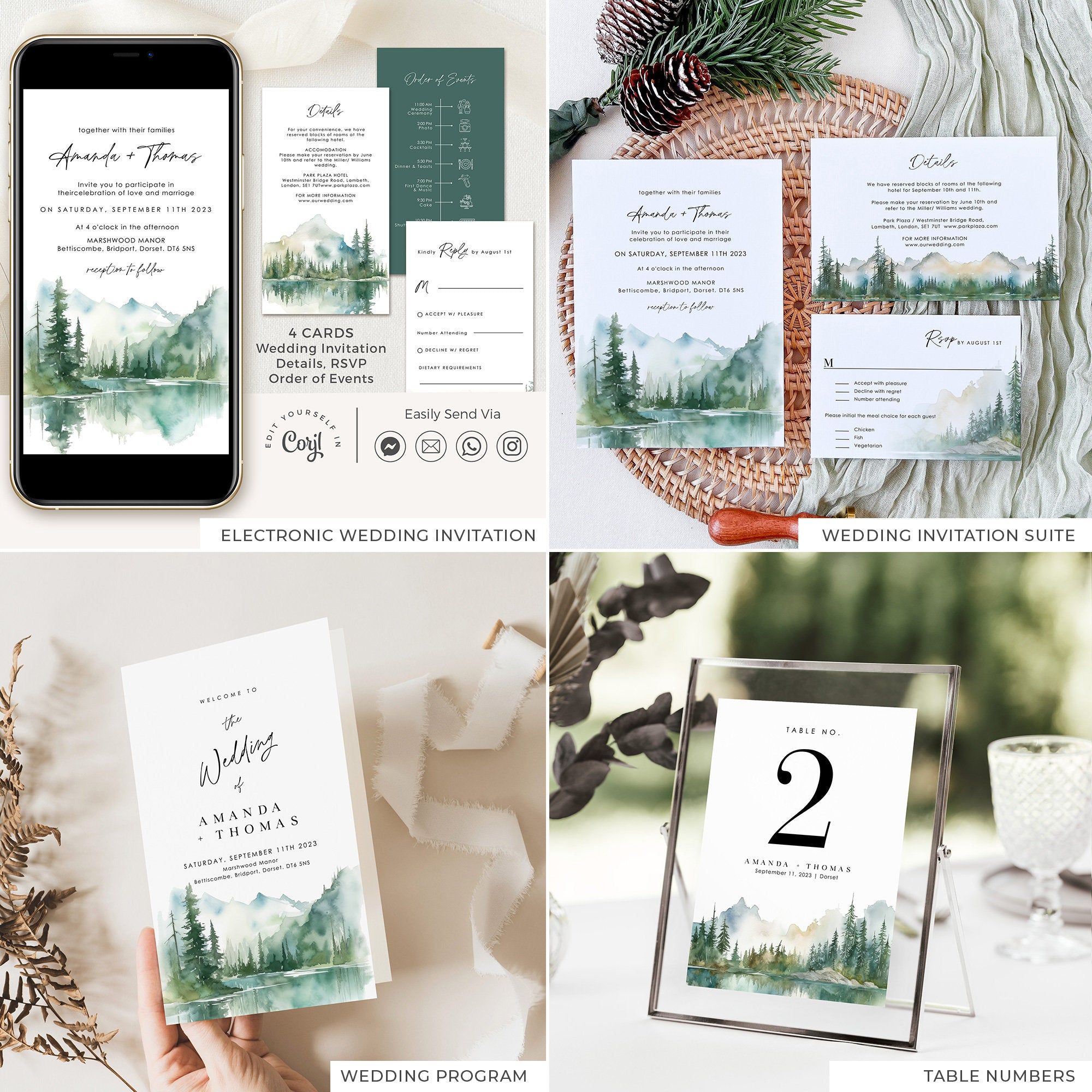 ARNA Mountain Wedding Printable Stationery Bundle Template