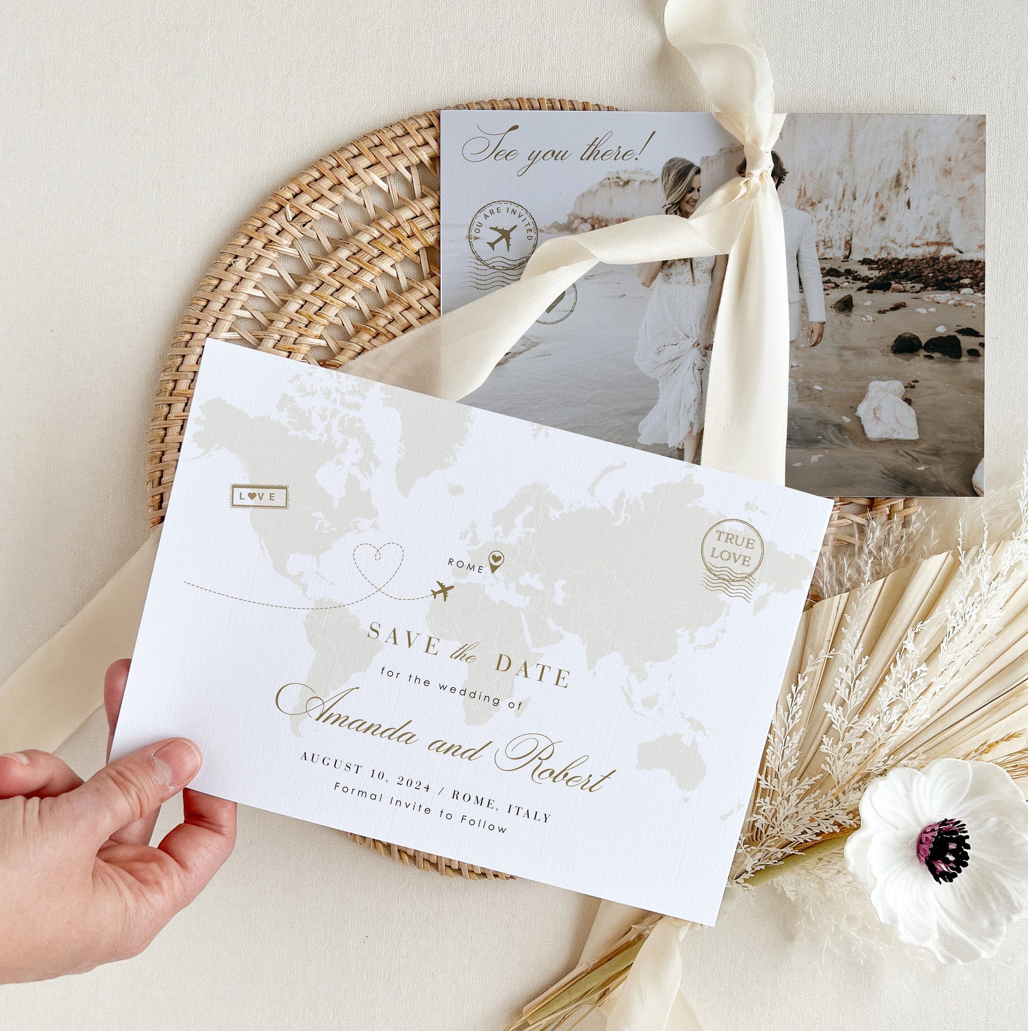 White &amp; Gold Destination Wedding Save the Date Template