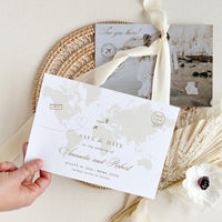 White & Gold Destination Wedding Save the Date Template